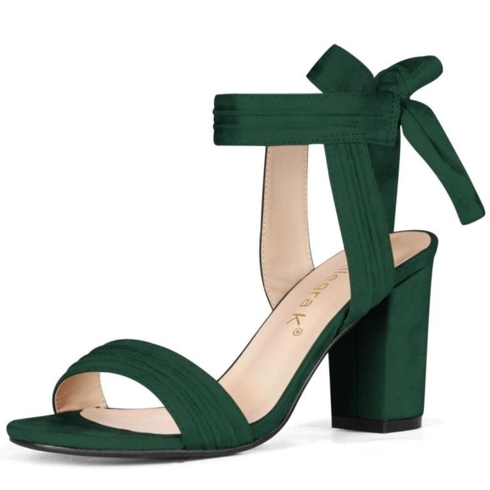 BLISSFUL STEP Women's Sandals Ankle Tie Back Open Toe Block Heels Dark Green